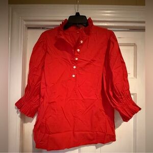 Red Puff Sleeve Blouse with Mandarin Collar